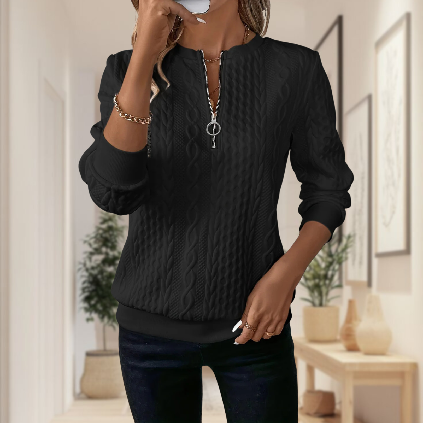 Marlyn - Stickad tröja med dragkedja